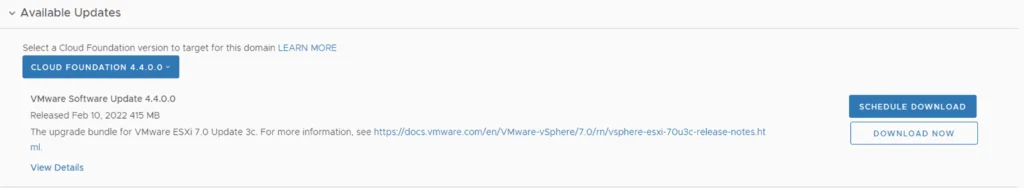 UI shows Cloud Foundation 4.4.0.0 update details, options to schedule or download.