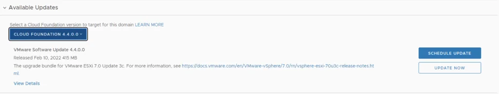 UI shows Cloud Foundation 4.4.0.0 update options for ESXi 7.0.