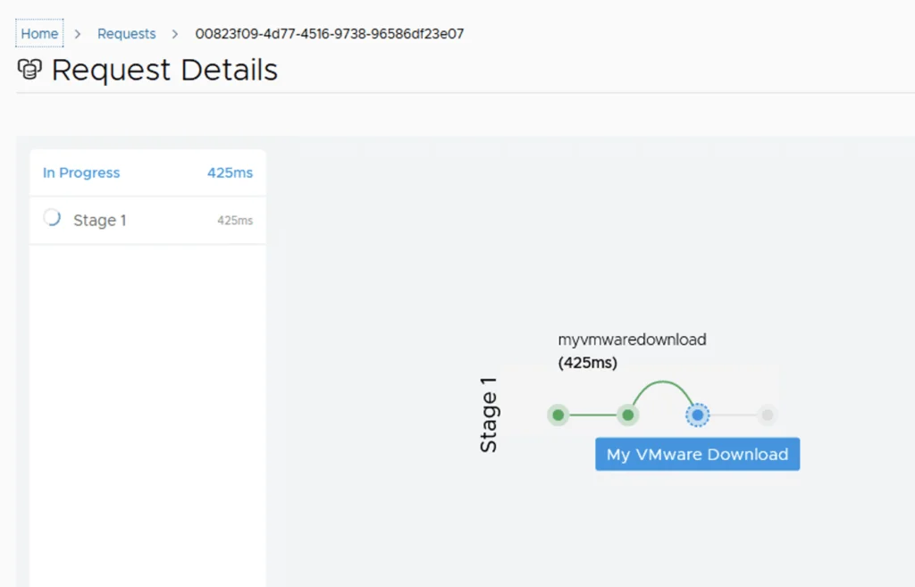 VMware download in progress, showing Stage 1 at 425ms.