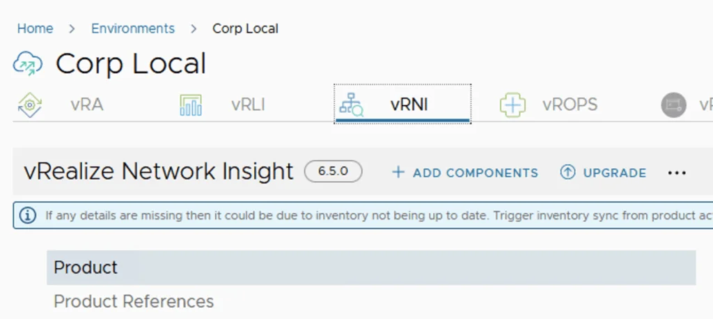The image shows the vRealize Network Insight upgrade page in vRSLCM.