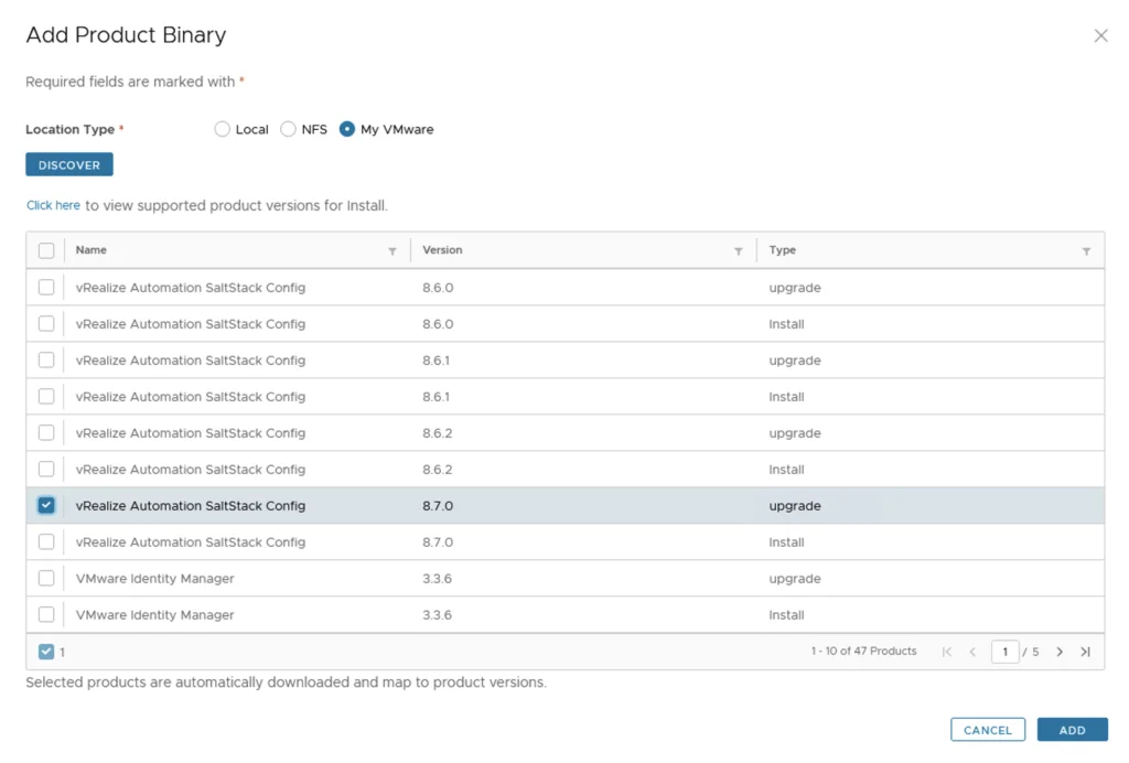 The image shows a list of vRealize Automation SaltStack Config binaries for version 8.7.0, with an option to select and add them for upgrade.