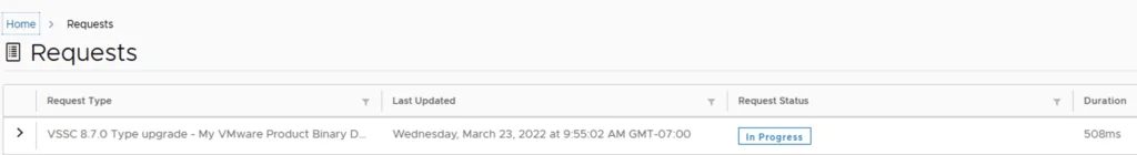 Requests page shows a VSSC 8.7 upgrade in progress.
