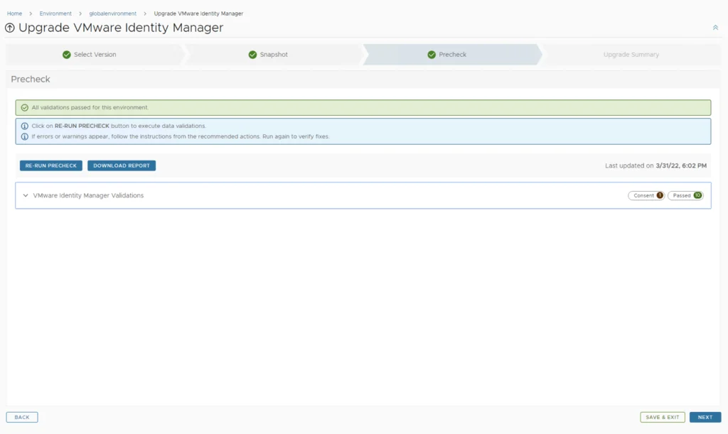 The precheck step confirms all validations passed for VMware Identity Manager upgrade.
