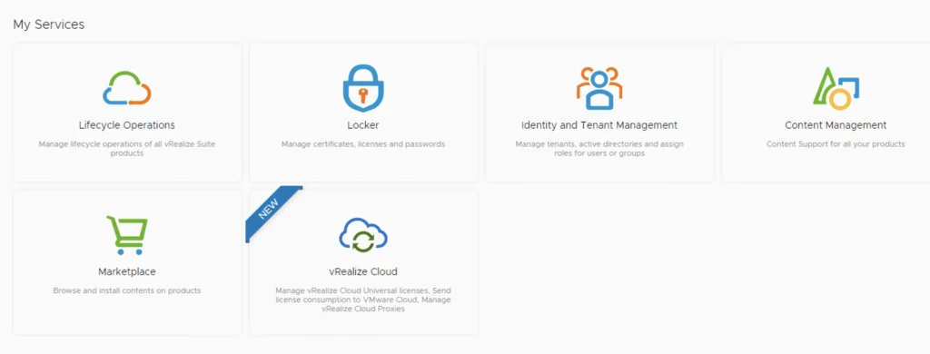 The image shows a dashboard with services like Lifecycle Operations, Locker, Identity and Tenant Management, Content Management, Marketplace, and vRealize Cloud.