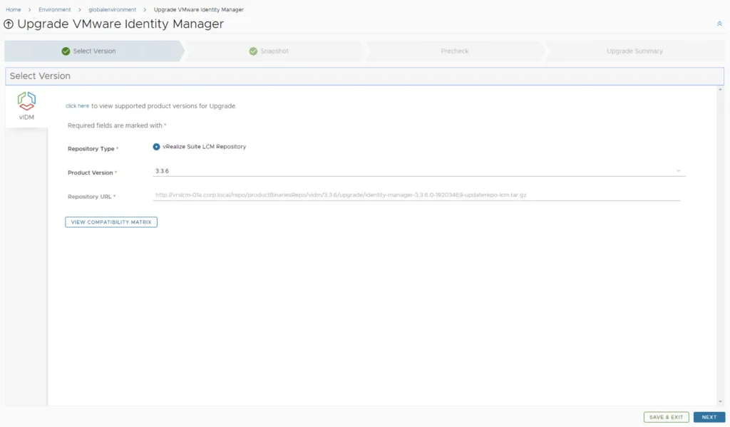 Upgrading vIDM to 3.3.6 via vRSLCM wizard shows selected version 3.3.6 and repository URL.