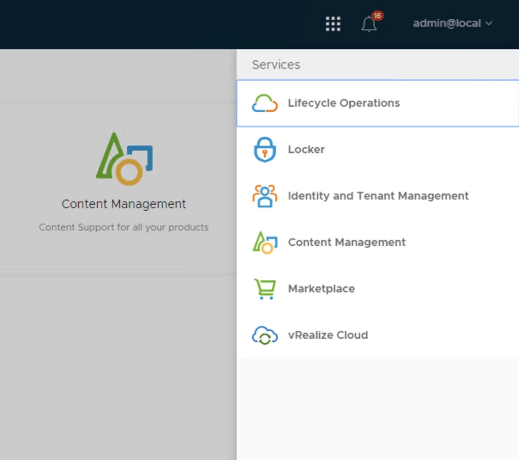 The screenshot shows the side menu with options like Lifecycle Operations, Locker, Identity and Tenant Management, Content Management, Marketplace, and vRealize Cloud.