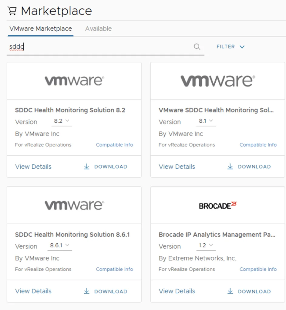 In VMware Marketplace, search for “sddc” yields results including SDDC Health Monitoring Solution 8.6.1.