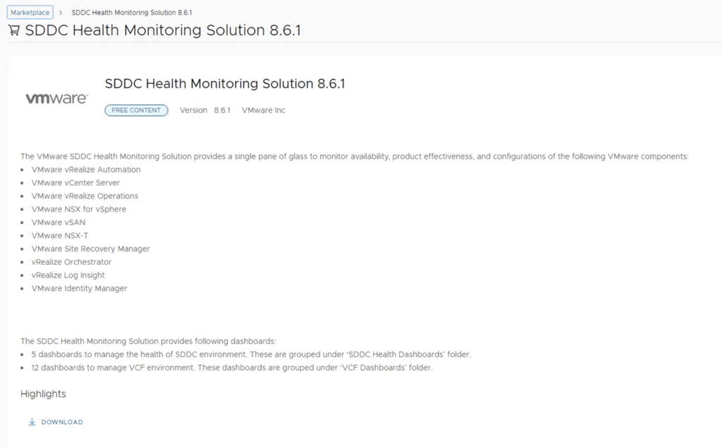 The image shows a VMware Marketplace page for SDDC Health Monitoring Solution 8.6.1, detailing its features and available dashboards.