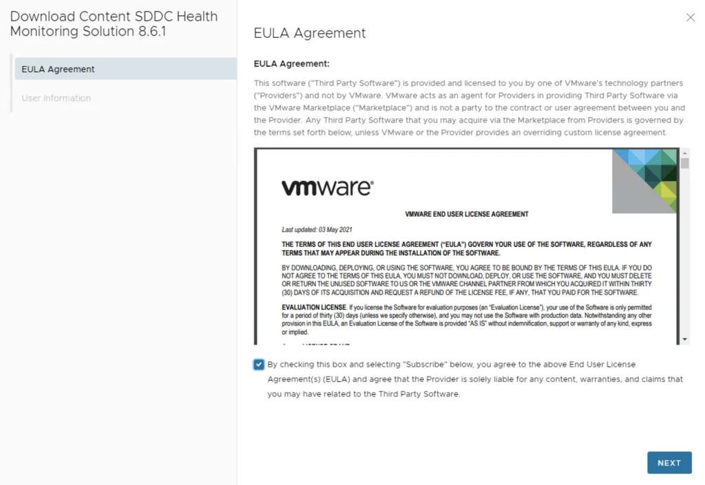 EULA Agreement page for VMware SDDC Health Monitoring Solution 8.6.1.