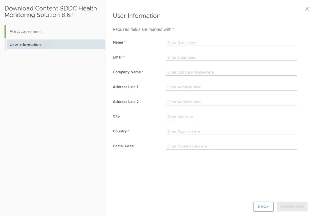 User info form for SDDC Health Monitoring Solution 8.6.1 download.