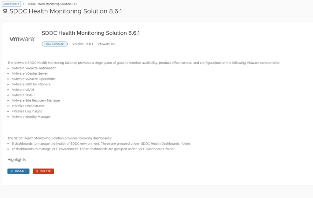 Screenshot shows VMware SDDC Health Monitoring Solution 8.6.1 with install button visible.