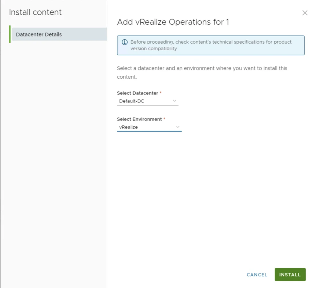 Install content wizard step: Select datacenter and environment, then click Install.