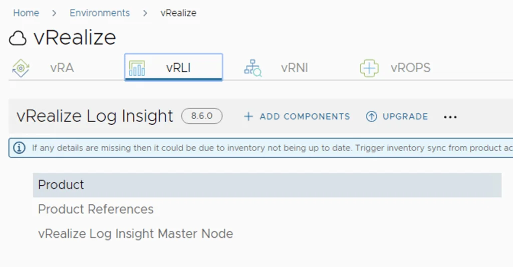 The screenshot shows the vRealize Log Insight upgrade page with version 8.6.0, options to add components, upgrade, and sync inventory.