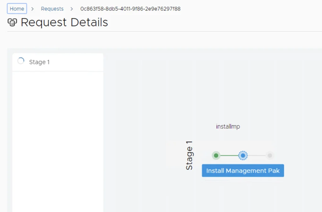 Request Details shows Stage 1 with “Install Management Pak” button.