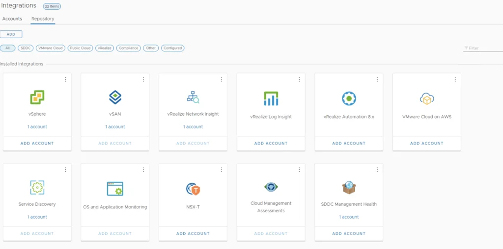 The image shows a vRSLCM interface with installed integrations and options to add accounts.