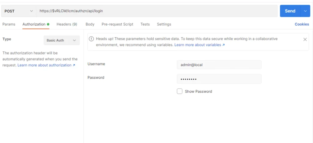 API login form showing username and password fields for vRSLCM 8.