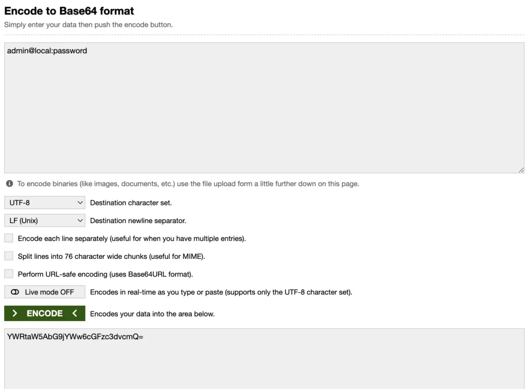 The image shows a Base64 encoder tool with input fields, options, and an encode button.
