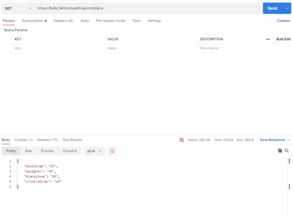 API status check in Postman shows all services up.