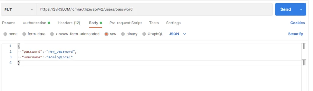API request for changing vRSLCM admin password in JSON format.
