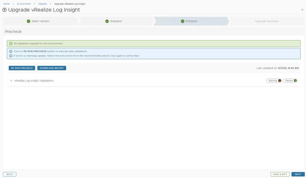 The precheck step confirms all validations passed for vRealize Log Insight upgrade.