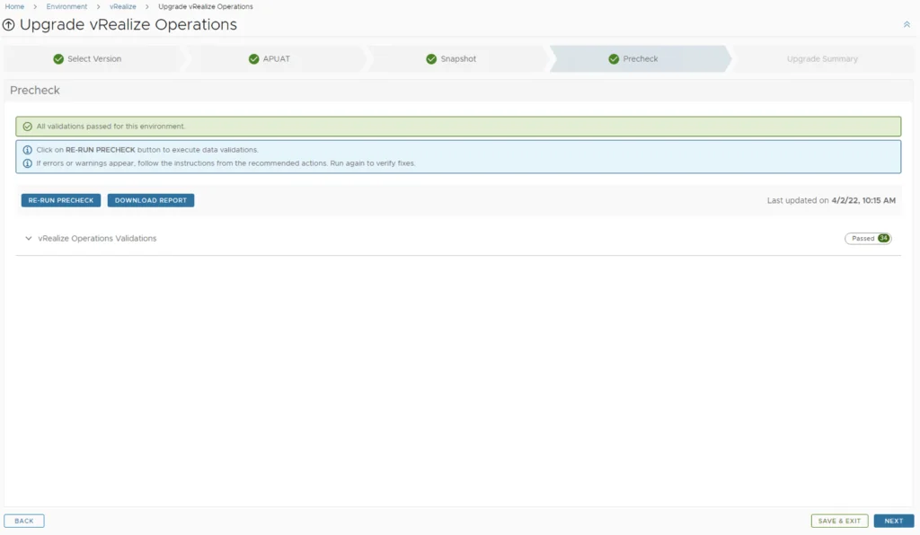 Upgrade vRealize Operations precheck shows all validations passed; click Next to continue.