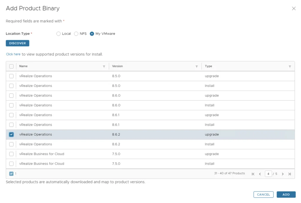UI shows vRealize Operations binaries; select 8.6.2 upgrade, click Add.