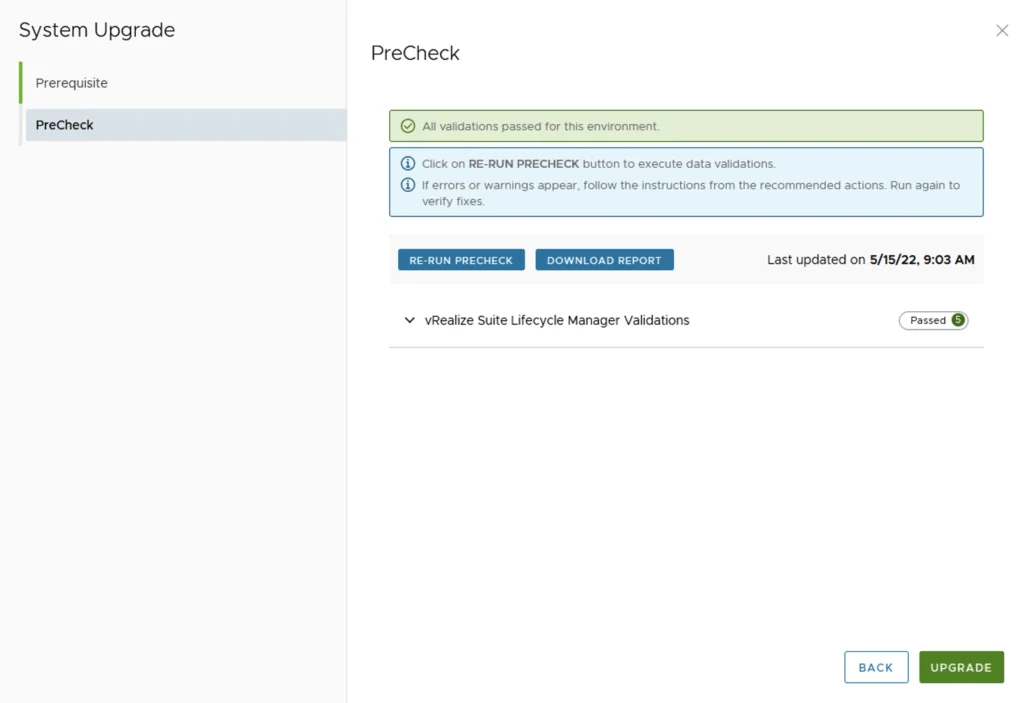 PreCheck step confirms all validations passed; click “Upgrade” to proceed.