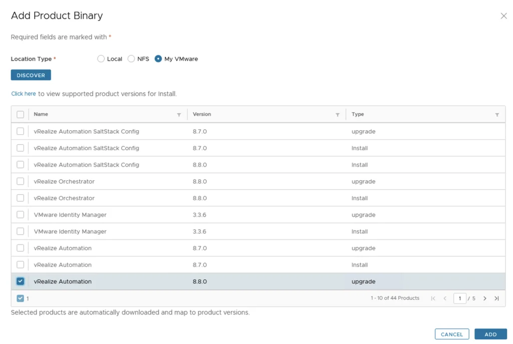 The image shows the “Add Product Binary” step in vRA upgrade wizard, displaying discovered binaries for vRA 8.8.0.