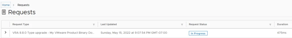UI shows upgrade request details for vRA 8.8.0 type upgrade.