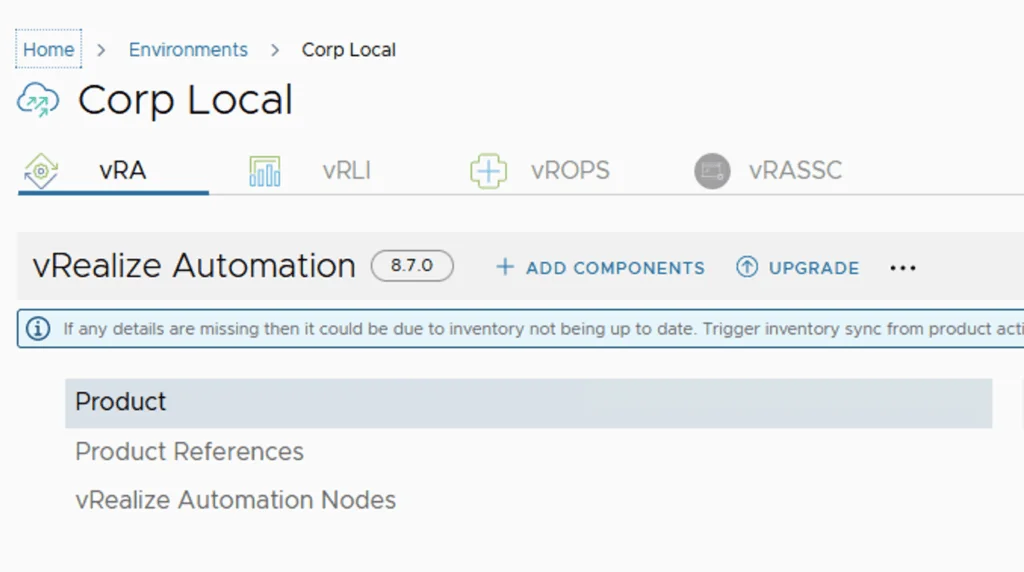 The vRealize Automation 8.7.0 environment shows upgrade options.