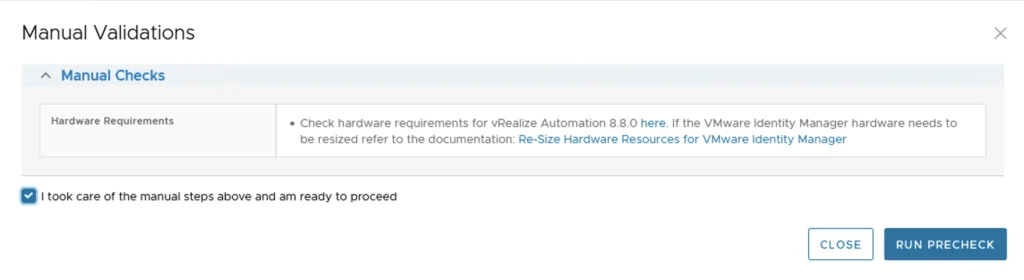 Manual validations screen for vRA 8.8.0 hardware requirements.