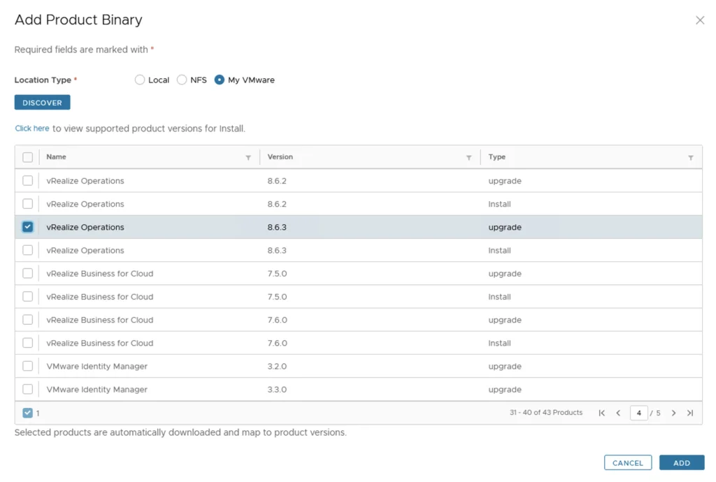 The image shows a list of vRealize Operations binaries for version 8.6.3, with options to select upgrade or install.