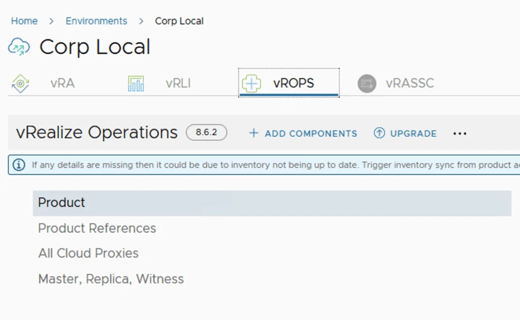 The image shows the vRealize Operations Manager interface with upgrade options and a note about inventory sync.