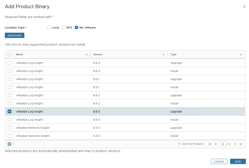 Upgrading vRLI to 8.6.2 via vRSLCM: Select upgrade package, click Add.
