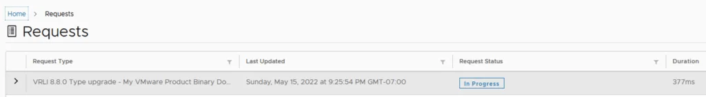 Requests page showing a vRLI 8.8.0 upgrade in progress.
