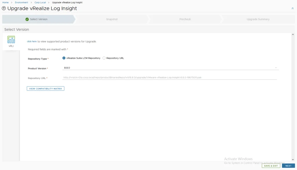 Upgrade vRealize Log Insight to version 8.8.0; select repository URL, then click Next.