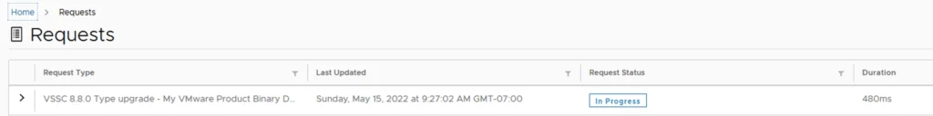UI shows upgrade request for VSSC 8.8.0 type upgrade in progress.