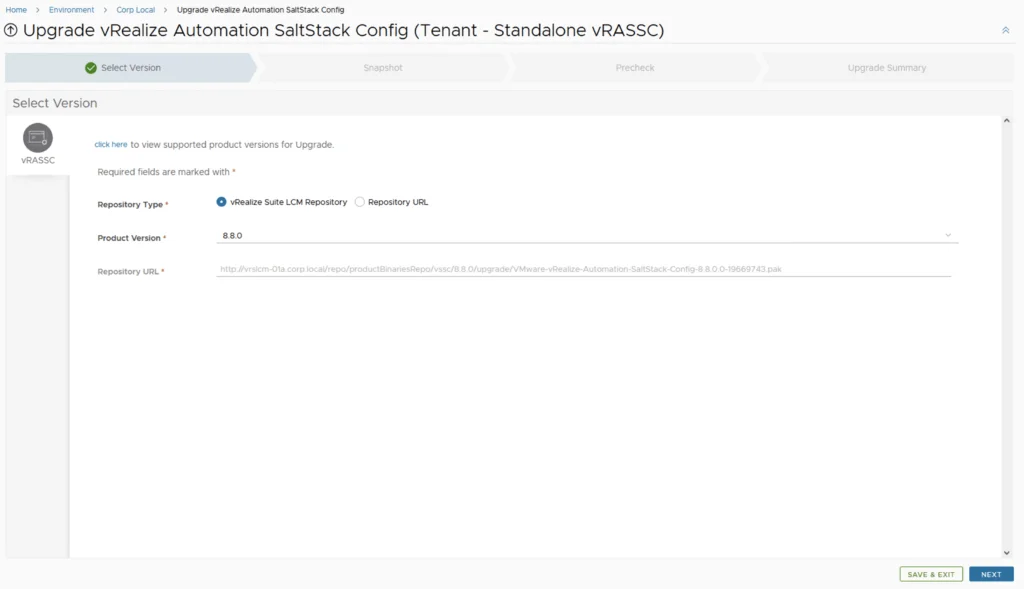 Upgrade wizard step showing version selection for vRealize Automation SaltStack Config 8.8.0.