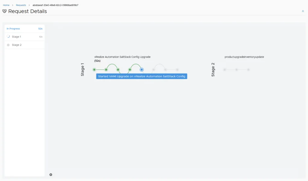 Upgrading SSC (SaltStack Config) to 8.8 in progress. Stage 1 shows upgrade started.