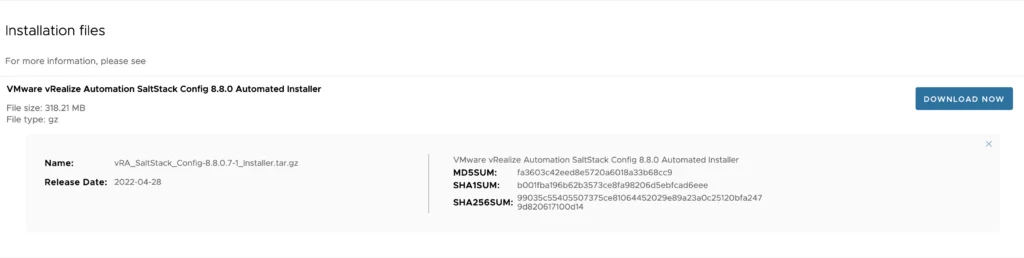 Installation file details for VMware vRealize Automation SaltStack Config 8.8.0 Automated Installer.