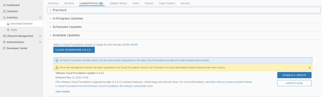 The image shows the “Update/Patches” step for upgrading VMware Cloud Foundation to version 4.4.1.0.