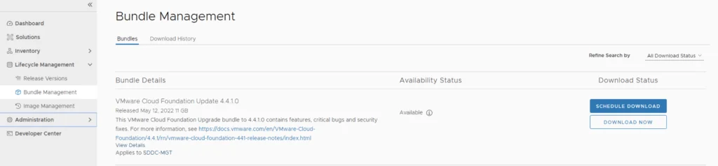 UI shows VMware Cloud Foundation Update 4.4.1.0 available for download under Lifecycle Management.