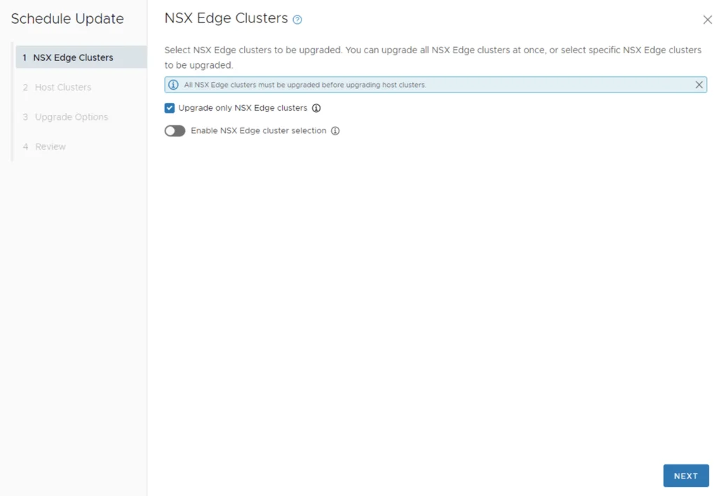 This image shows the "NSX Edge Clusters" step in a VCF upgrade wizard, with options to upgrade all or specific clusters.