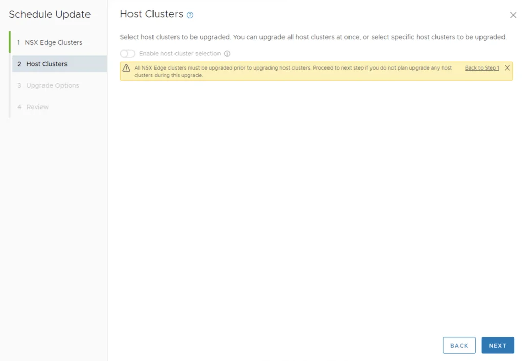 Host Clusters upgrade step; select clusters or all; warning: upgrade edge clusters first.