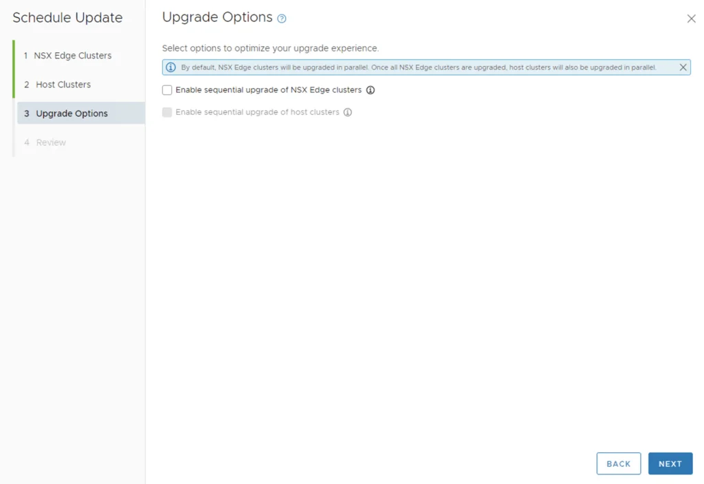 Upgrade Options screen for VCF 4.x to 4.4.1 upgrade. Select upgrade settings and click Next.