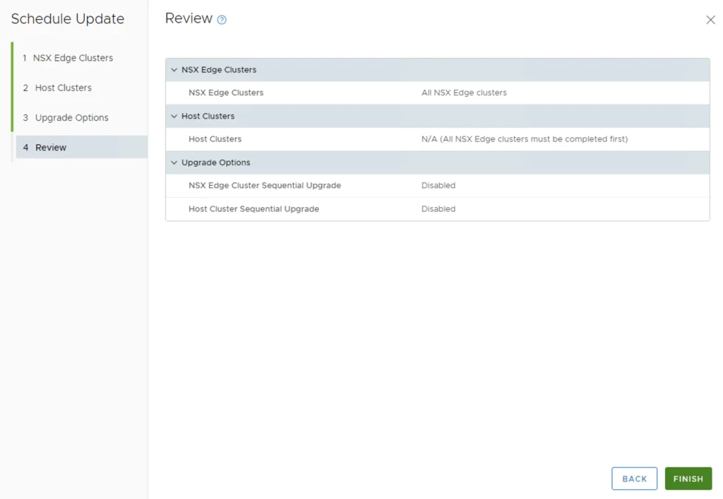 Review page for NSX Edge and Host Clusters upgrade options; click Finish to proceed.