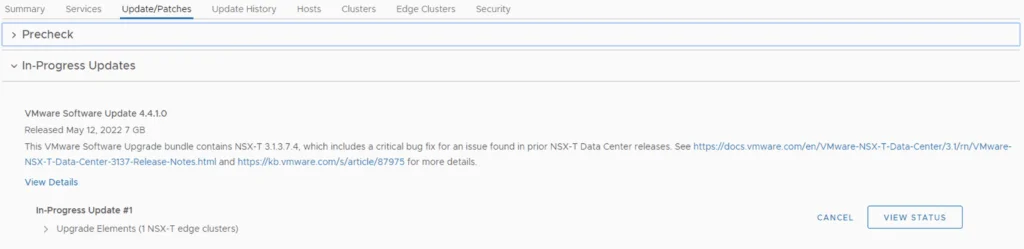 UI shows precheck for VMware Software Update 4.4.1.0 in progress.