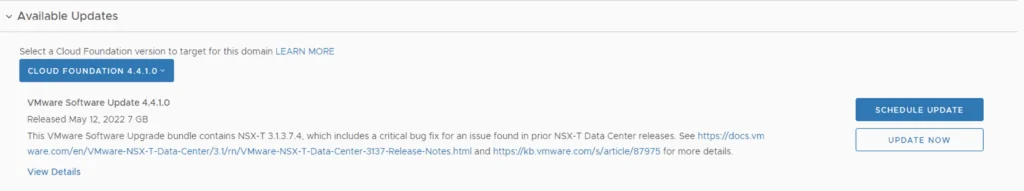 UI shows Cloud Foundation 4.4.1.0 update details, with options to schedule or update now.