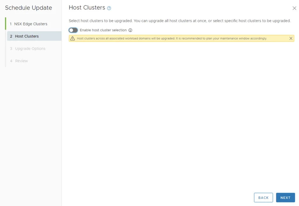 Host clusters selection screen for upgrade in VCF 4.x to 4.4.1.