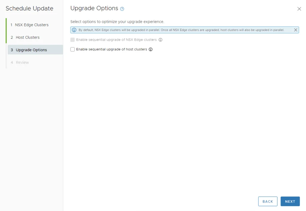 Upgrade Options screen in VCF 4.x upgrade wizard.